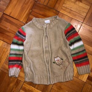 Cozy Owl Sweater with Striped Sleeves
